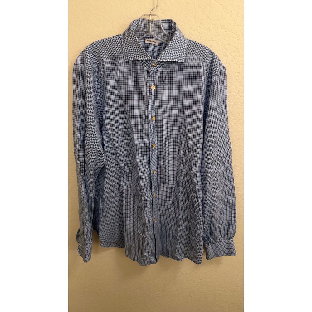Kiton Mens Blue White Micro Check Dress Shirt 16.5 42 Made in Italy Long Sleeve